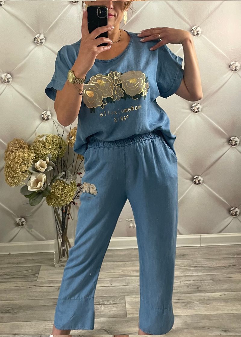 KOMPLET JEANSOWY ZE ZŁOTĄ RÓŻĄ