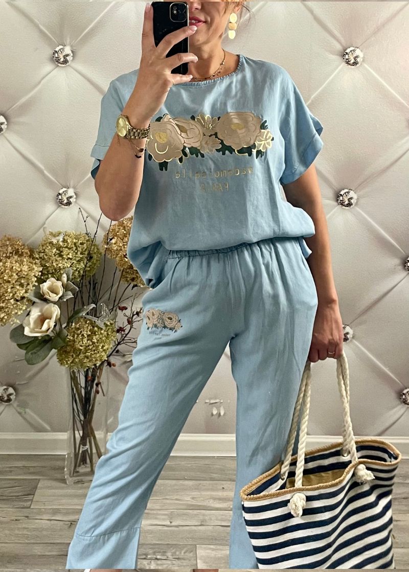 KOMPLET JEANSOWY JASNY ZE ZŁOTĄ RÓŻĄ